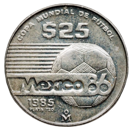 Mexico 25 Pesos 1985 FIFA World Cup Silver Coin KM# 497
