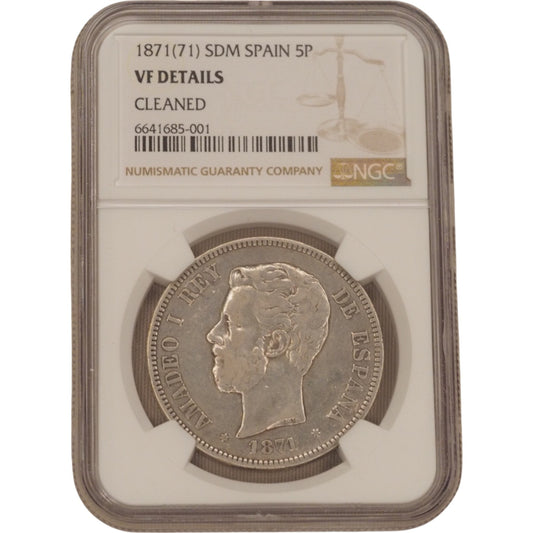 1871 Spain 5 Pesetas Coin, Amadeo I Rey, NGC Graded VF