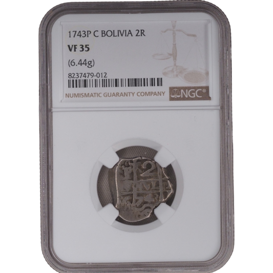 1743 Bolivia 2 Reales Coin (NGC VF 35):