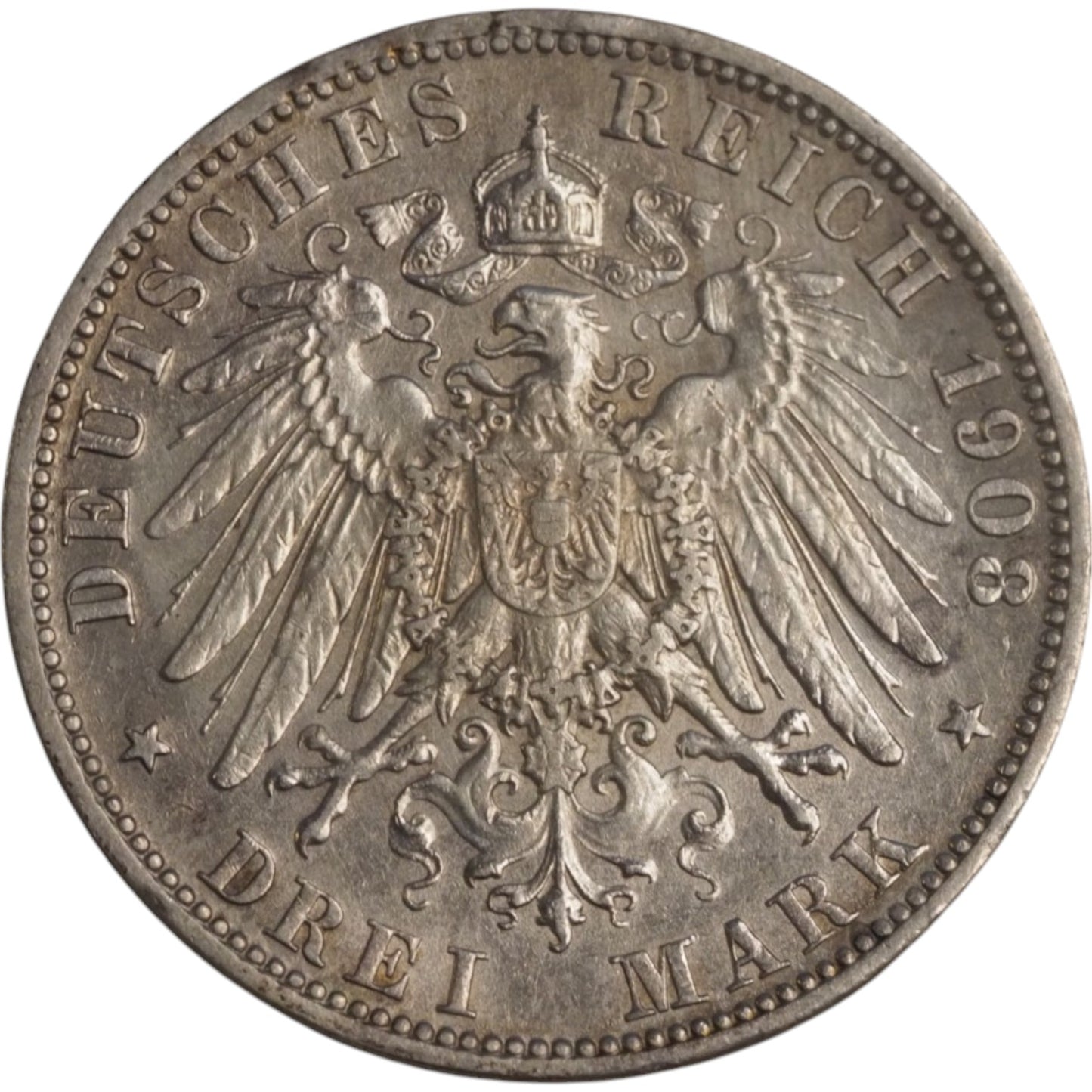 1908 German Empire 3 Mark Coin, Imperial Eagle Reverse