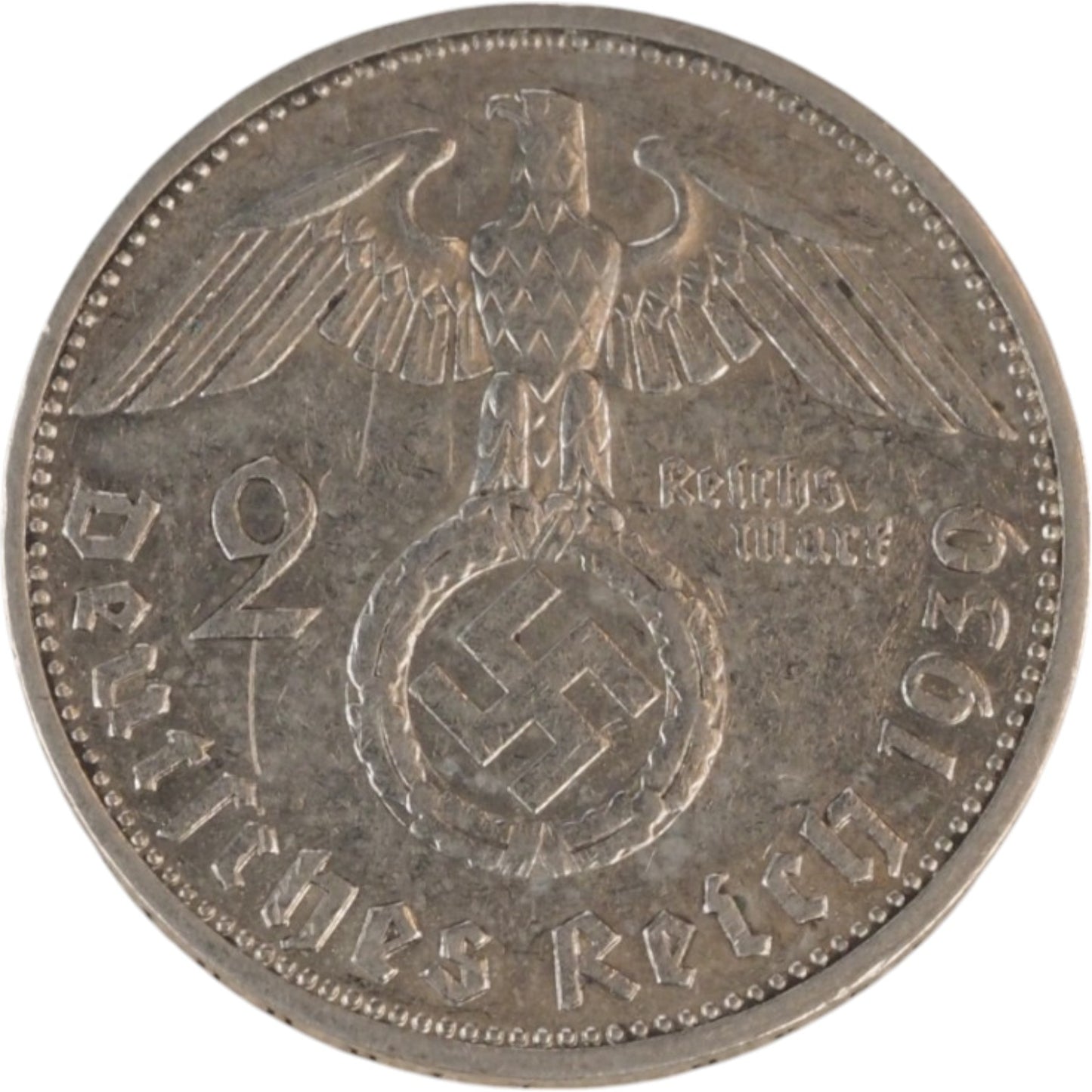 1939 Nazi Germany 2 Reichsmark Coin Reverse Side