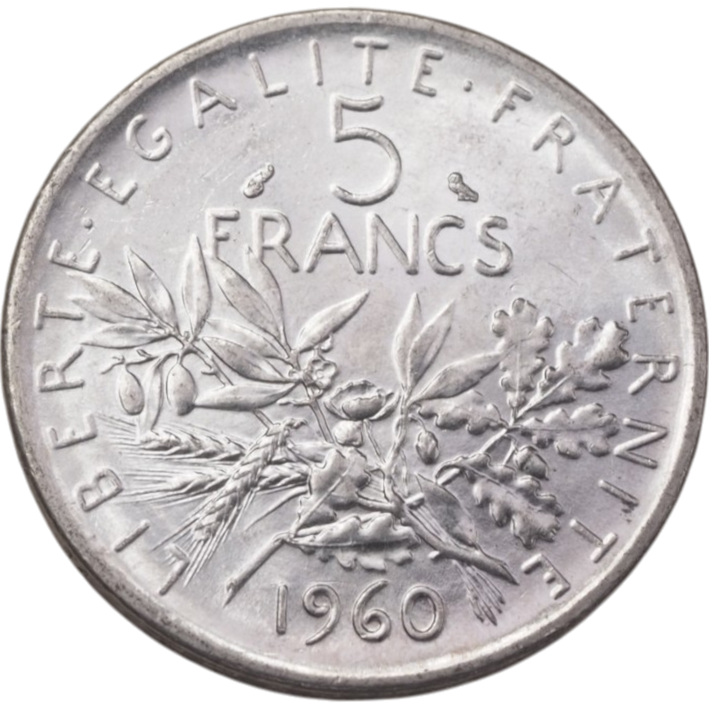 1960 France 5 Francs Coin - Liberty, Equality, Fraternity, Silver.