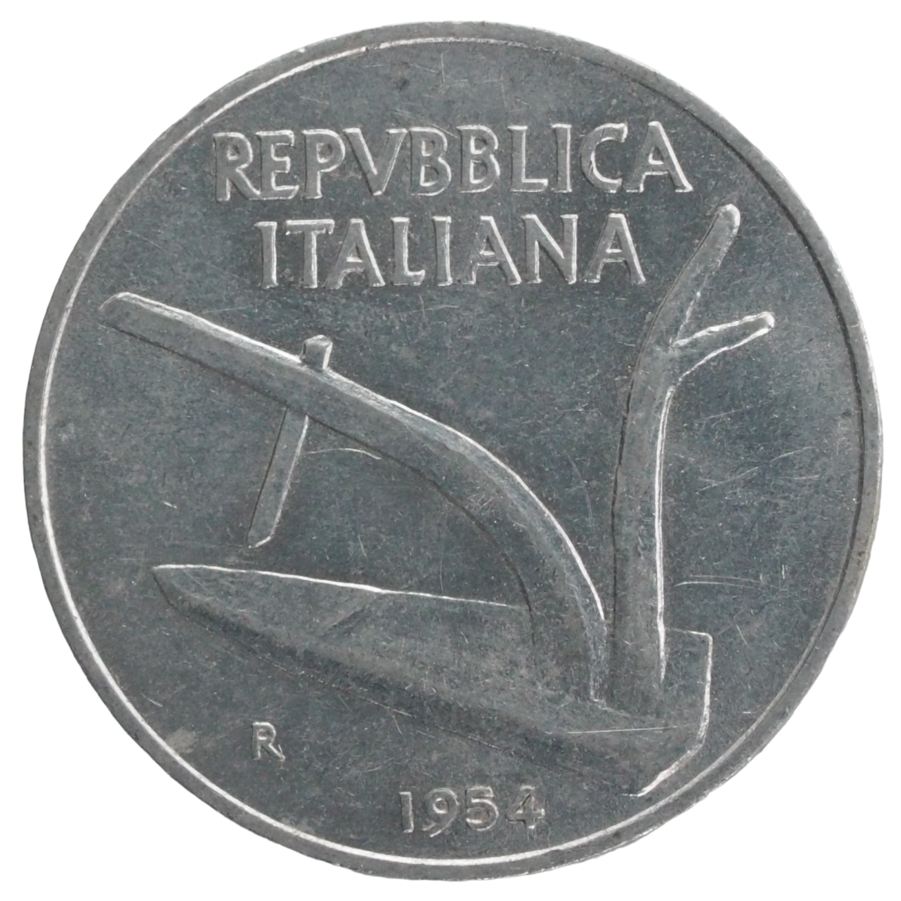 Reverse of 10 Lire Italy 1954 Coin KM# 93