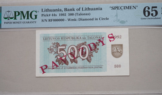 Lithuania 500 Talonas 1992 PAVYZDYS SPECIMEN banknote – PMG 65 Gem UNC