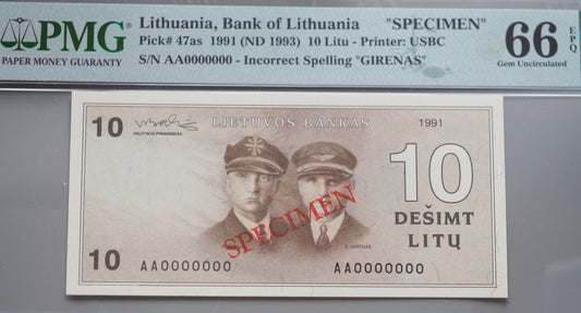 Lithuania 10 Litų Specimen banknote (1991 / ND 1993) – PMG 66 EPQ – “Darius & GIRENAS” Error Note