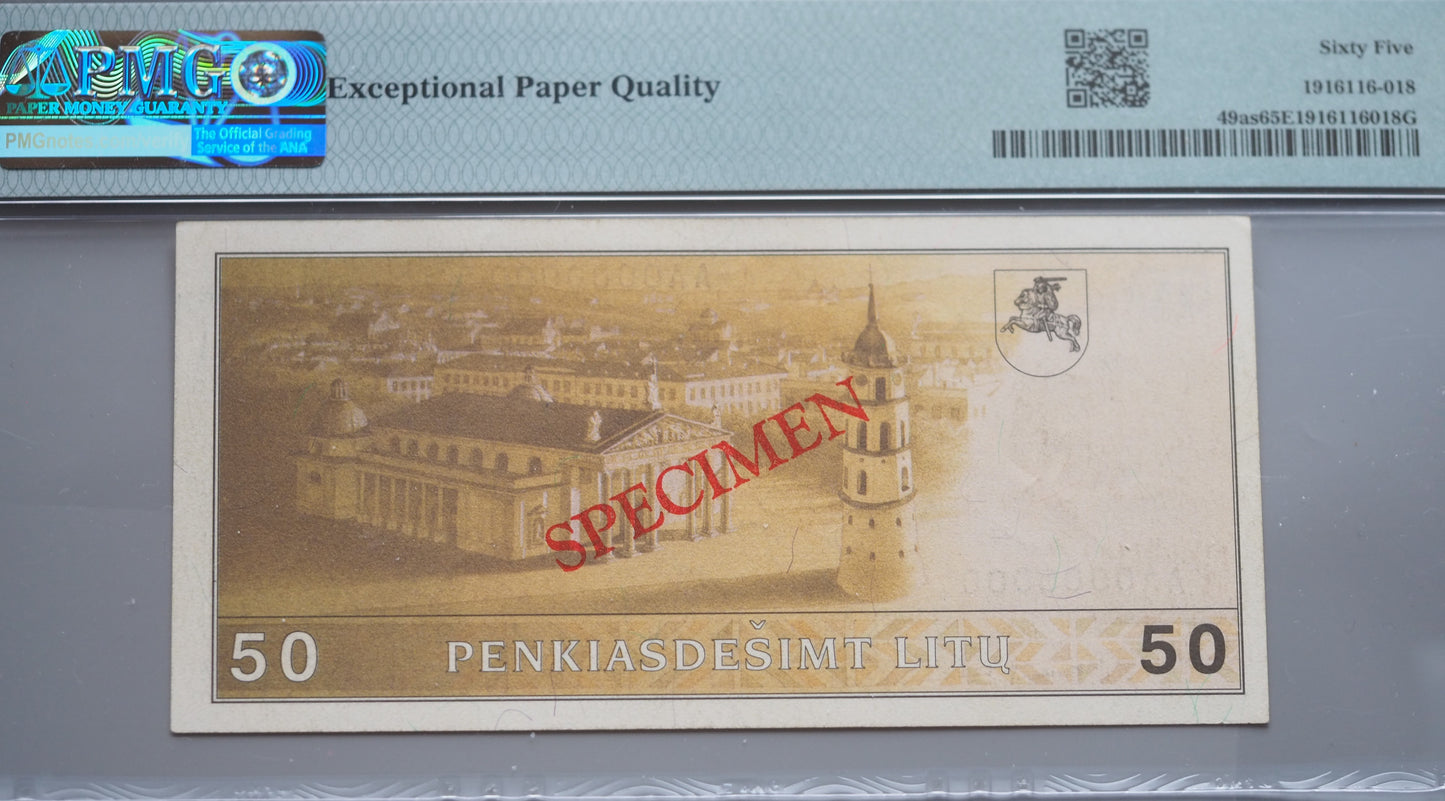 Lithuania 50 Litu banknote 1991 (ND 1993) SPECIMEN – “Correct Valdybos” Variety
