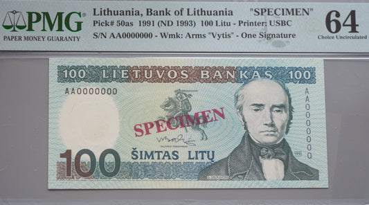 Lithuania – 100 Litu SPECIMEN banknote (1991 issue, ND 1993) – PMG 64 Choice Uncirculated