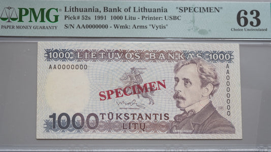 Lithuania 1000 Litu 1991 SPECIMEN banknote – PMG 63 Choice UNC