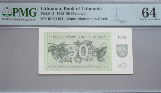 Lithuania 50 Talonas 1992 banknote – PMG 64 Choice UNC