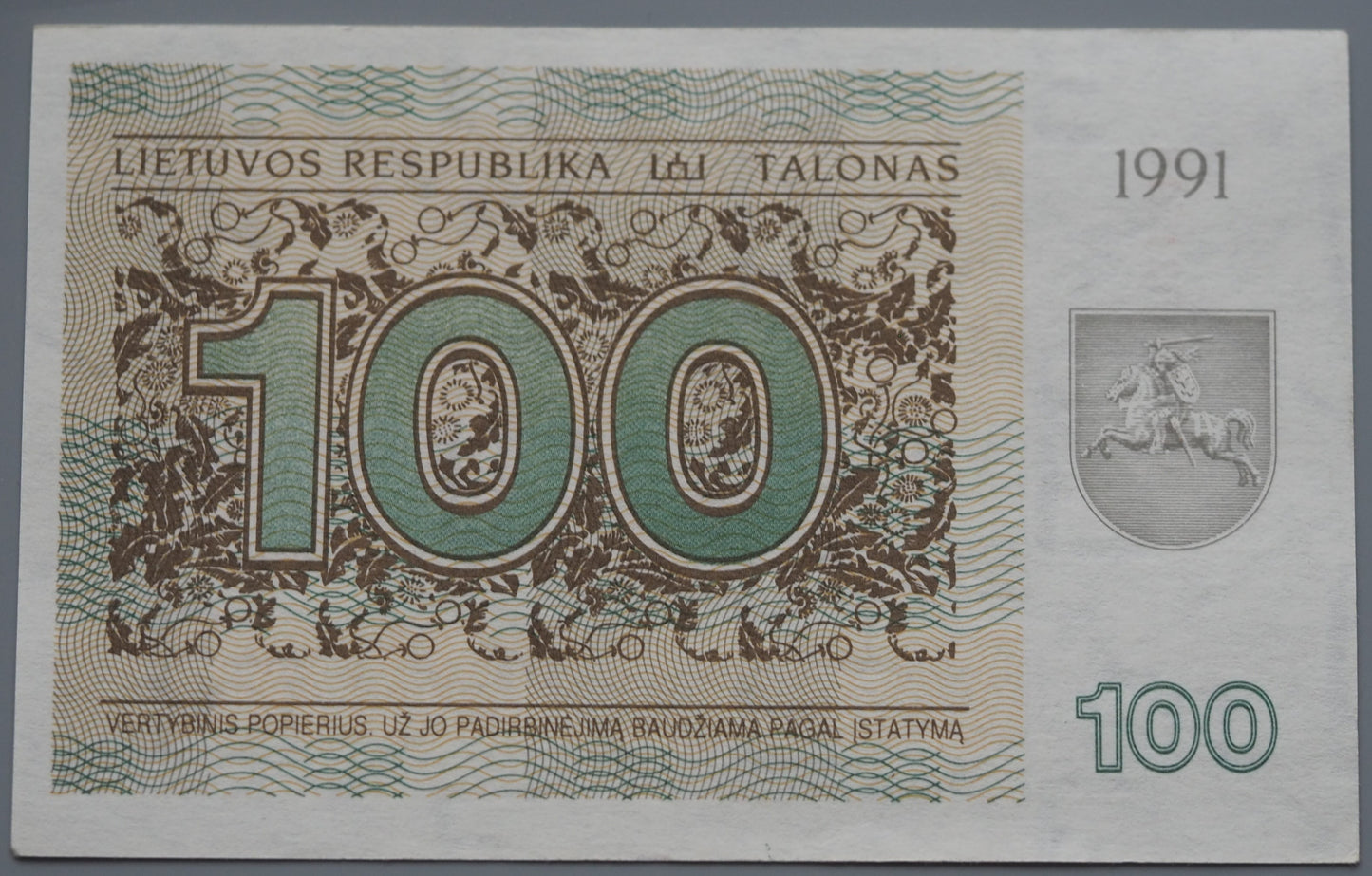 Lithuania 100 Talonas 1991 banknote – bison reverse, UNC