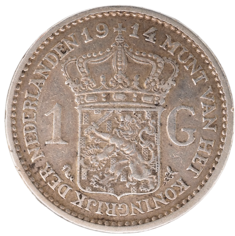 1914 Netherlands 1 Gulden Silver Coin Reverse View KM# 148