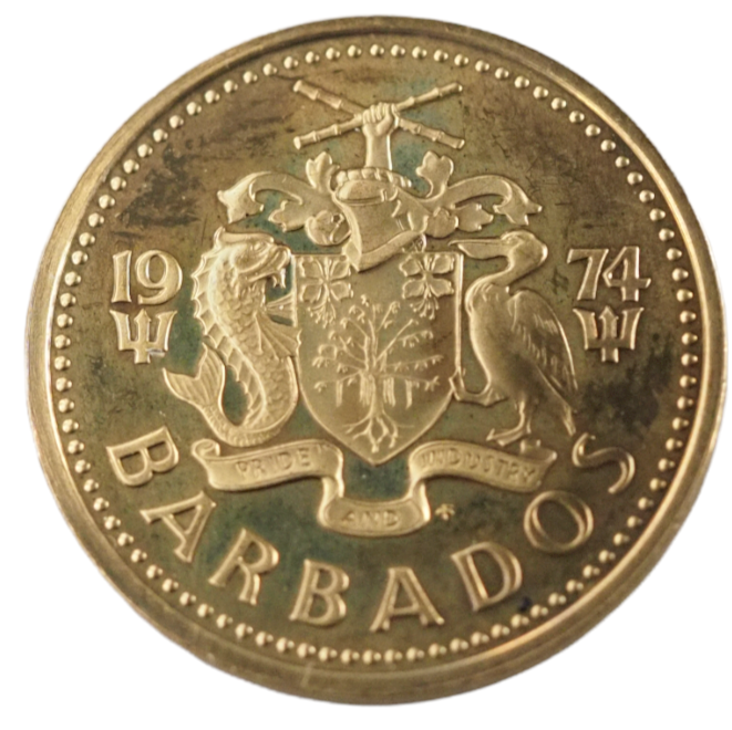 1974 Barbados 5 Cents Coin Brass Gem Proof KM# 11