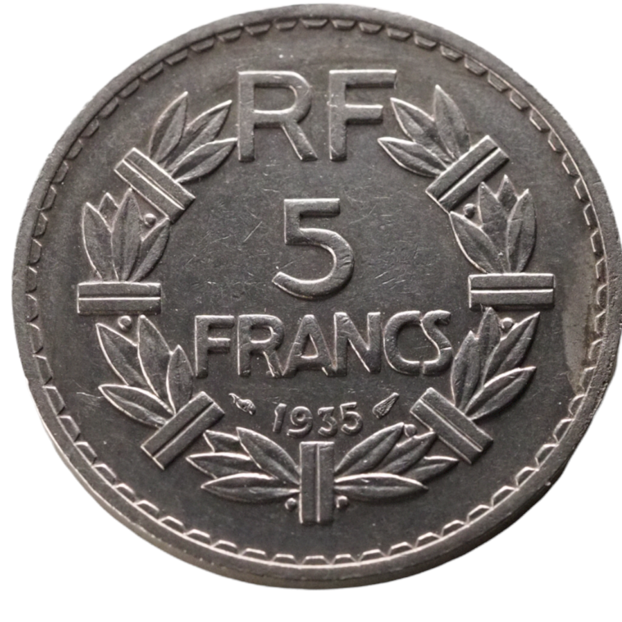 France 5 Francs 1935 RF Coin Reverse Large Nickel