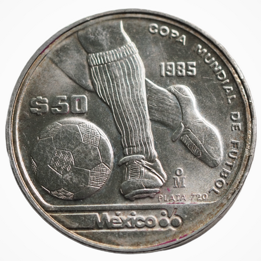 Mexico 50 Pesos 1985-1986 FIFA World Cup Dribbling Silver Coin