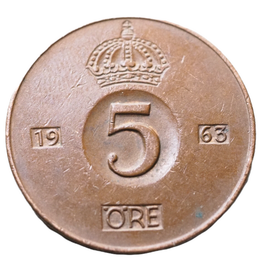 1963 Sweden Swedish 5 Ore Crown Coin Bronze