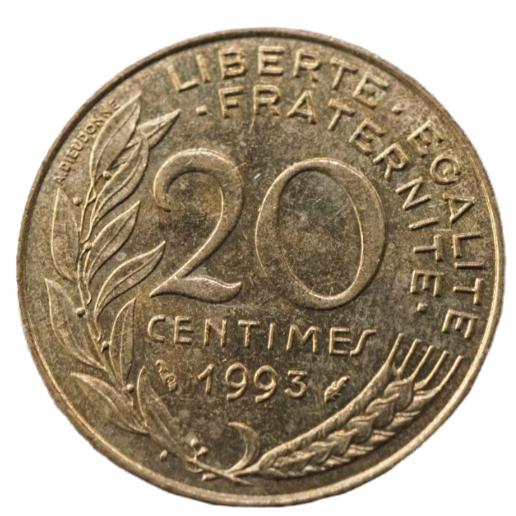 1993 France 20 Centimes Coin, Copper-Aluminium-Nickel