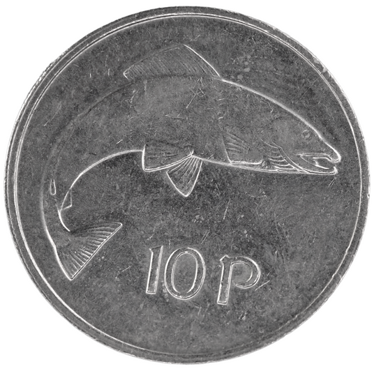 Obverse of 10 Pence Ireland 1980 Coin featuring Salmon and Irish Harp