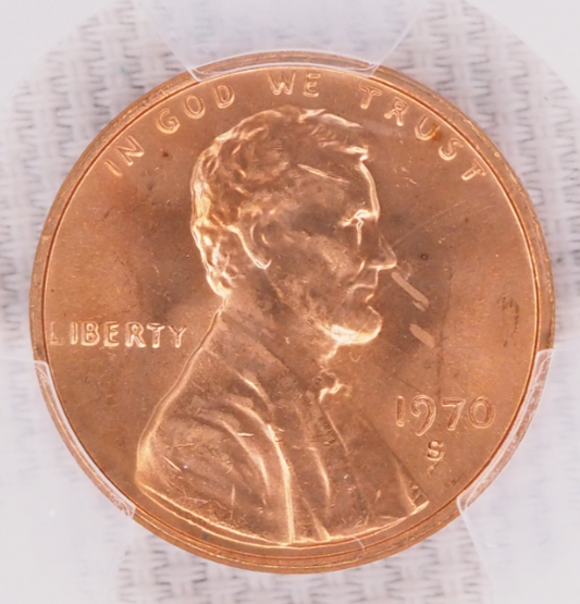 USA Lincoln One Cent 1970-S Coin, PCGS MS-64RD, Copper