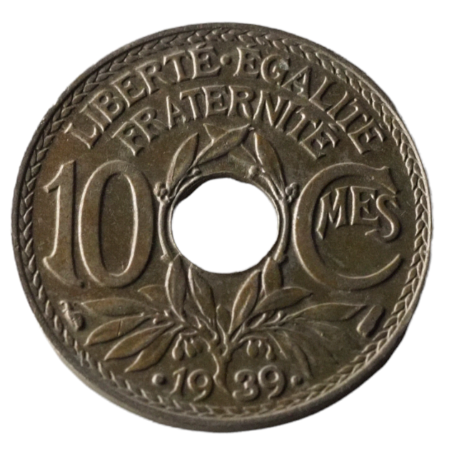 1939 France French Coin by Linder 10 Centimes, Toned-Lustre