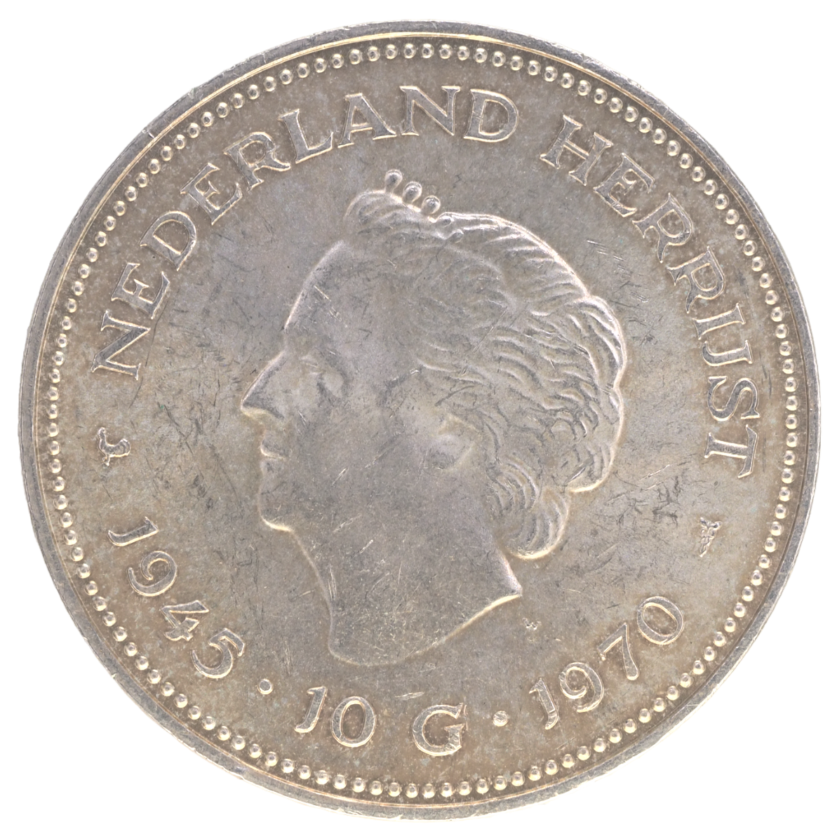 1970 Netherlands Kingdom Queen JULIANA & WILHELMINA Silver (.720) 10 Gulden Coin