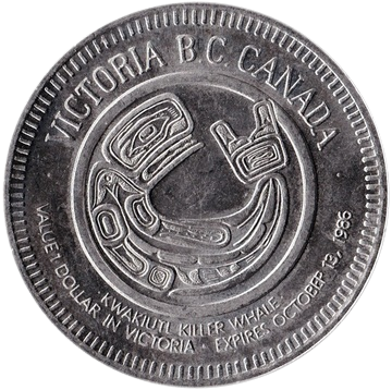 1986 Victoria, BC Canada,  Dollar Token;  Empres of Japan;  City of Gardens Look!