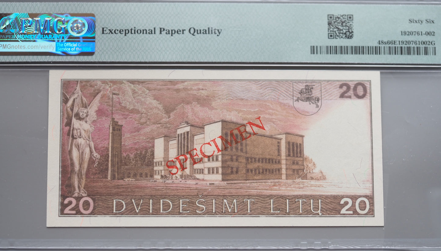 Lithuania 20 Litų Specimen banknote (1991 / ND 1993) – PMG 66 EPQ – “Maironis” Type Note
