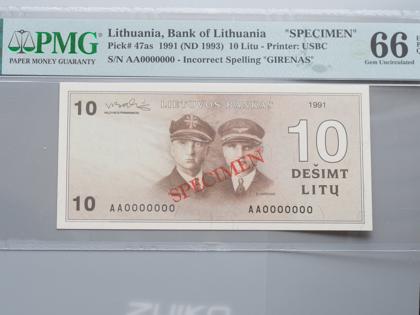 Lithuania 10 Litų Specimen Banknote (1991/ND 1993) – PMG 66 EPQ – “Darius & Girenas” Error Note