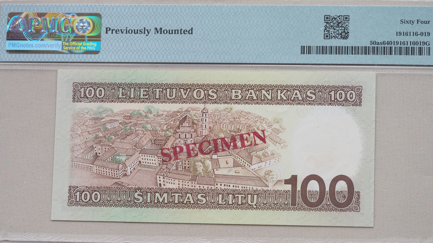 Lithuania – 100 Litu SPECIMEN banknote (1991 issue, ND 1993) – PMG 64 Choice Uncirculated