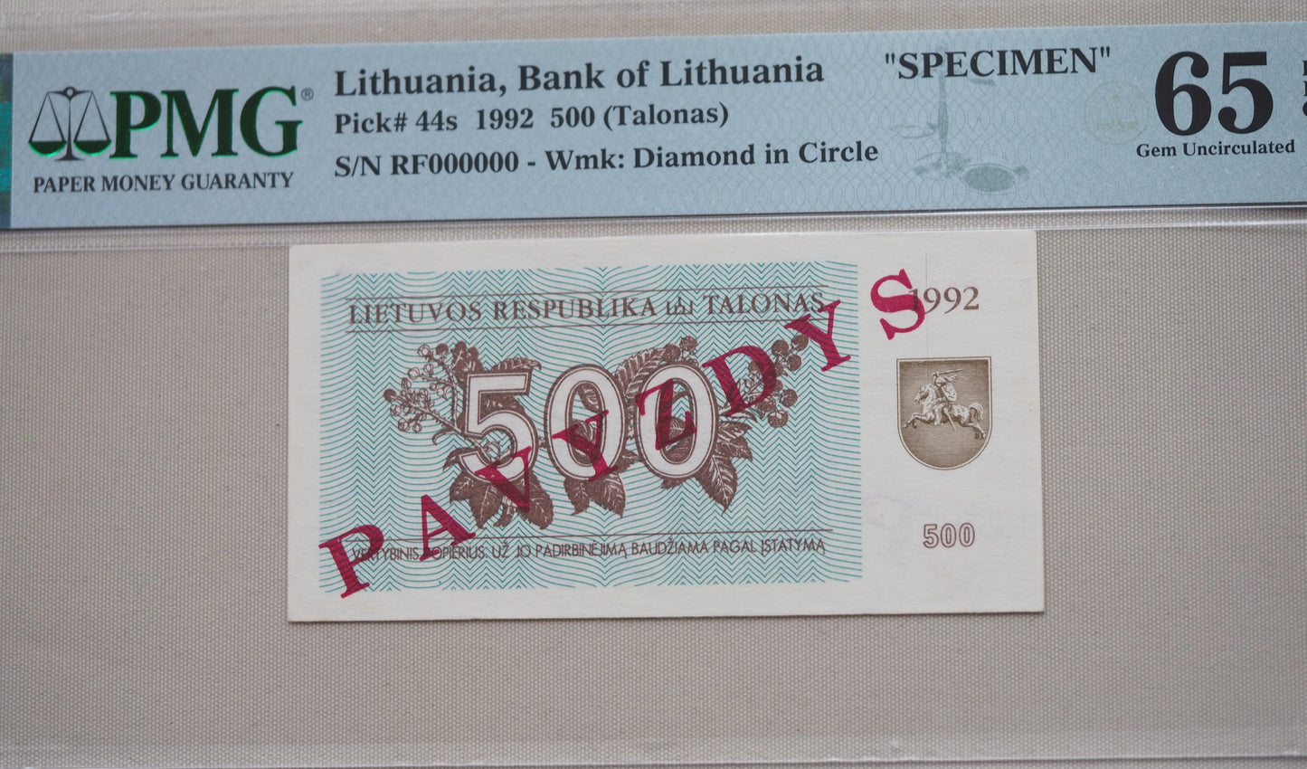 Lithuania 500 Talonas 1992 PAVYZDYS SPECIMEN banknote – PMG 65 Gem UNC