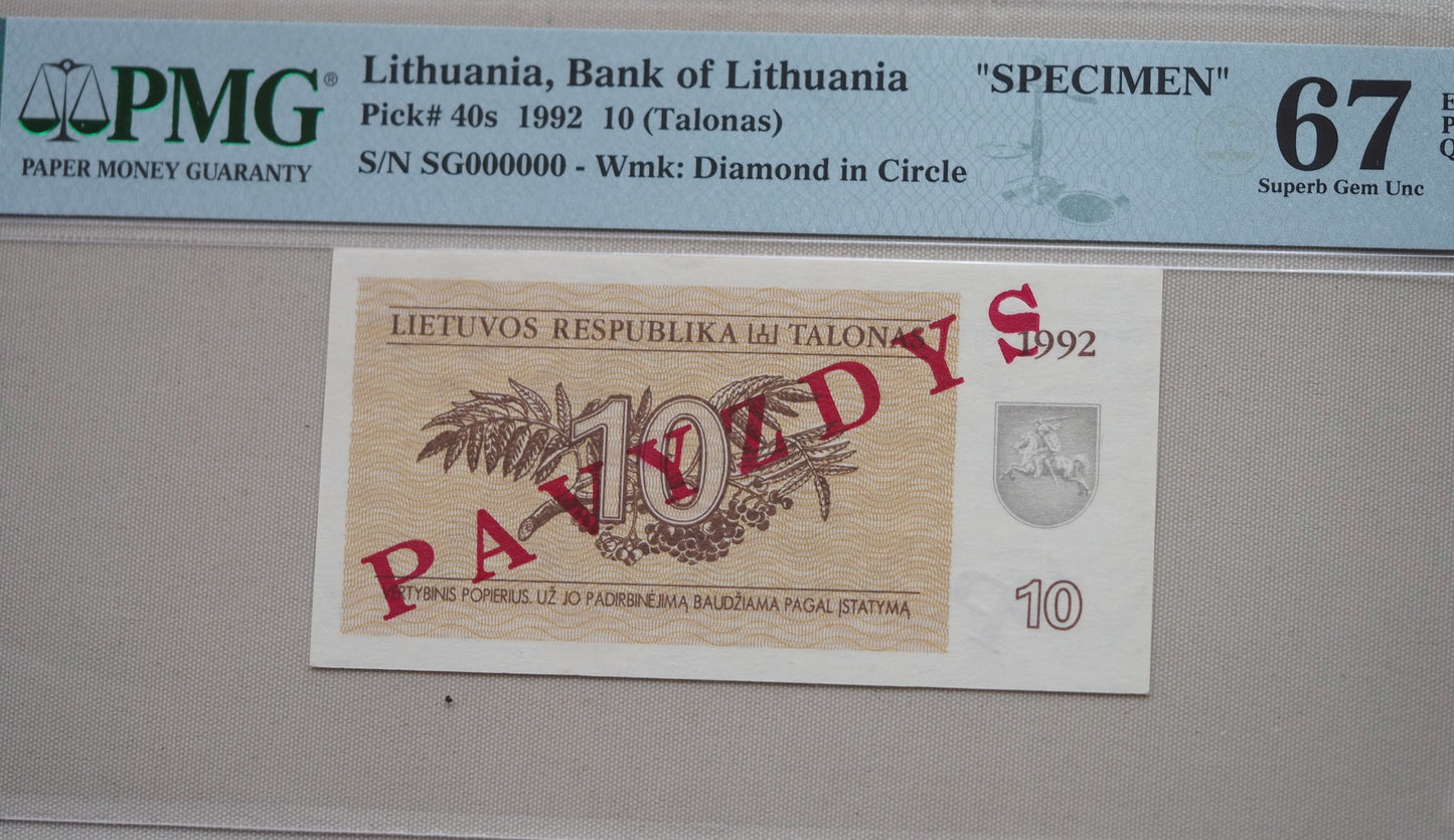 Lithuania 10 Talonas 1992 PAVYZDYS SPECIMEN banknote – PMG 67 Superb Gem UNC