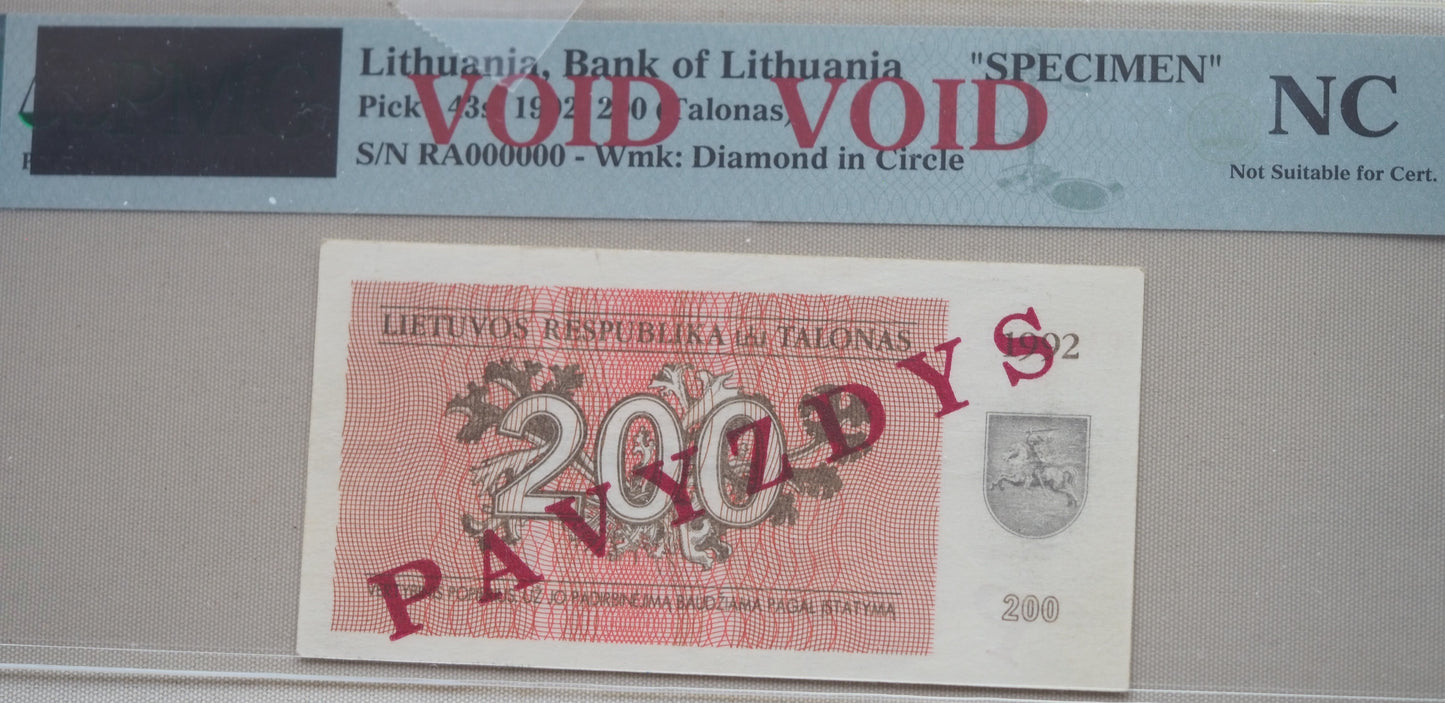 Lithuania Talonas banknote, Lithuanian specimen note, Pavyzdys note, Baltic emergency currency, 1992 Talonas 200, Pick 43s, RA0000000.