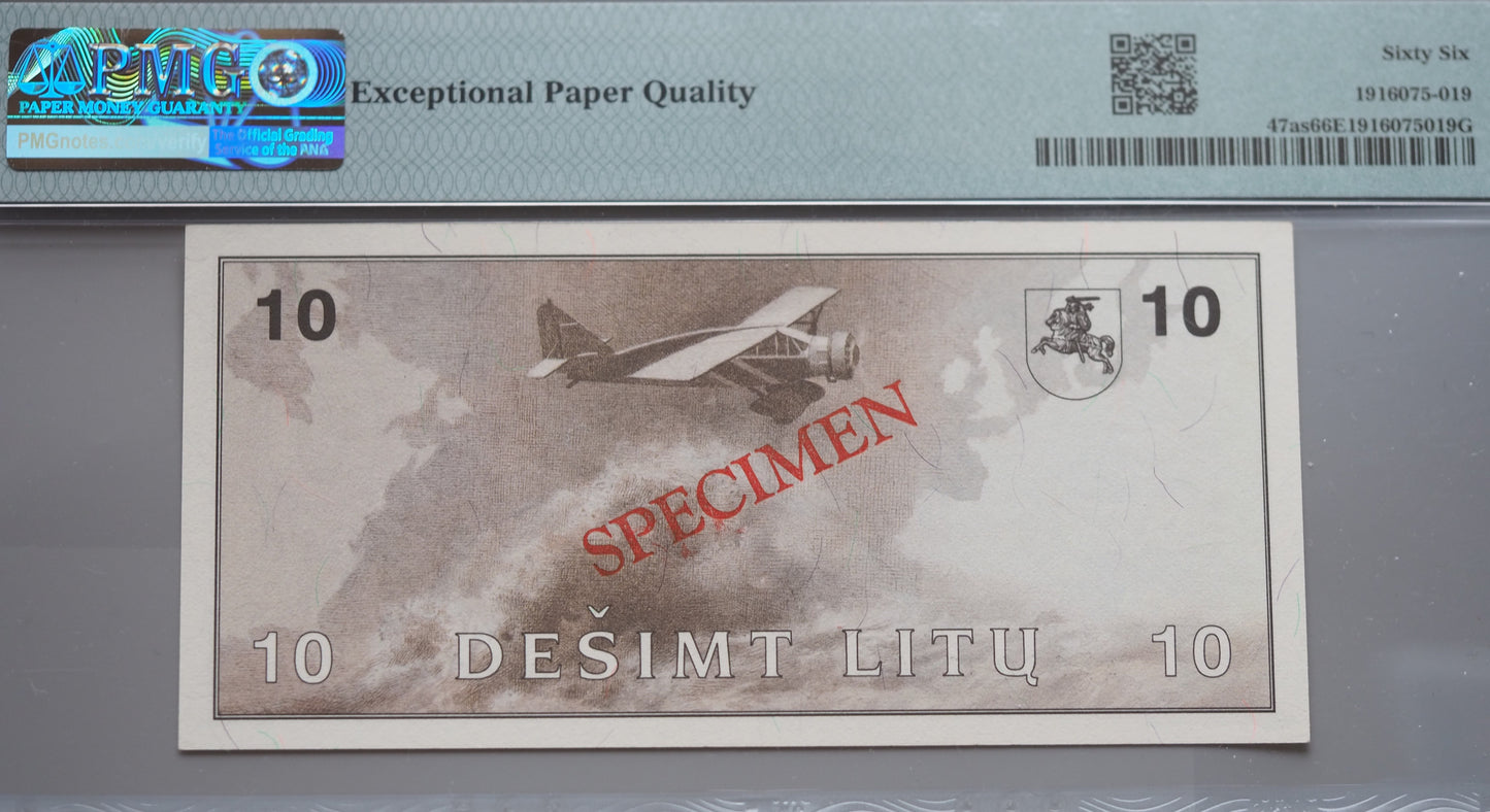 Lithuania 10 Litų Specimen banknote (1991 / ND 1993) – PMG 66 EPQ – “Darius & GIRENAS” Error Note