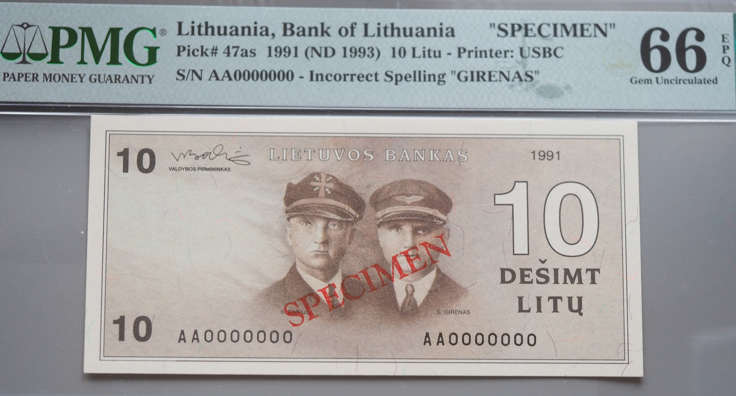 Lithuania 10 Litų Specimen banknote (1991 / ND 1993) – PMG 66 EPQ – “Darius & GIRENAS” Error Note