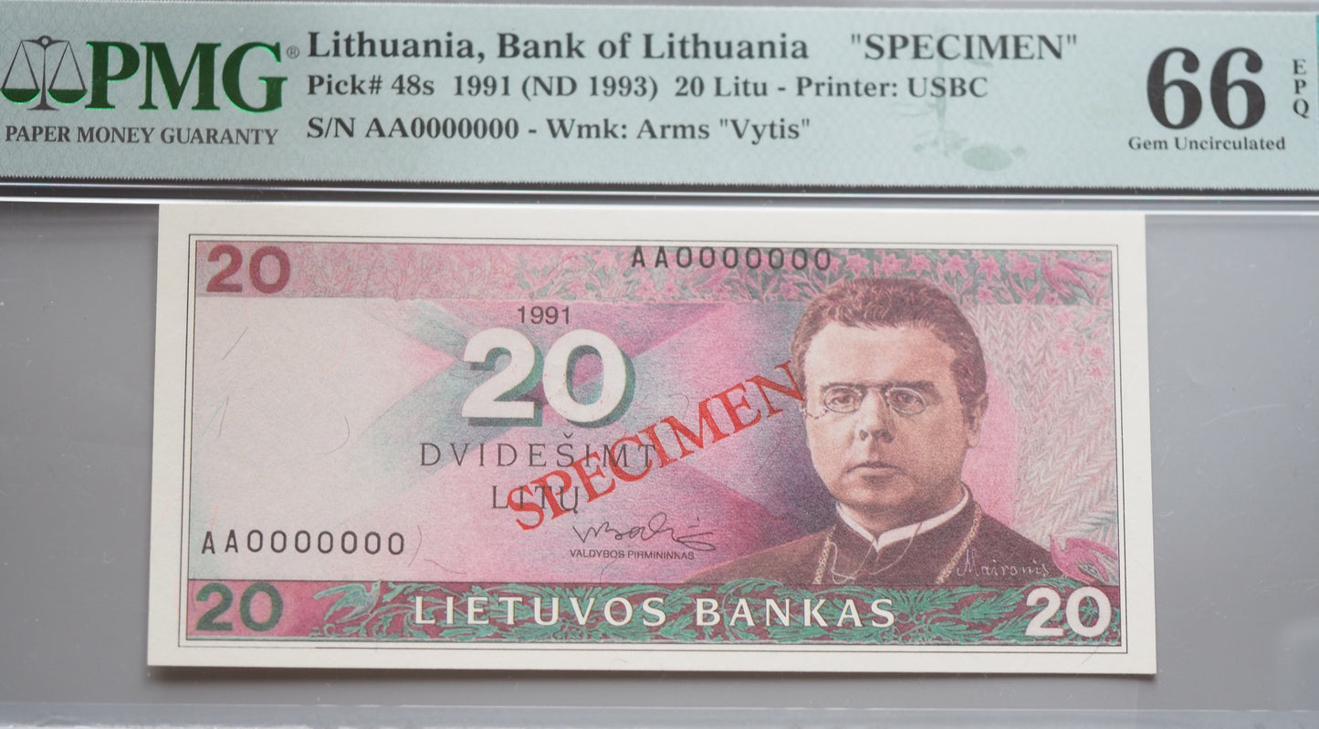 Lithuania 20 Litų Specimen banknote (1991 / ND 1993) – PMG 66 EPQ – “Maironis” Type Note