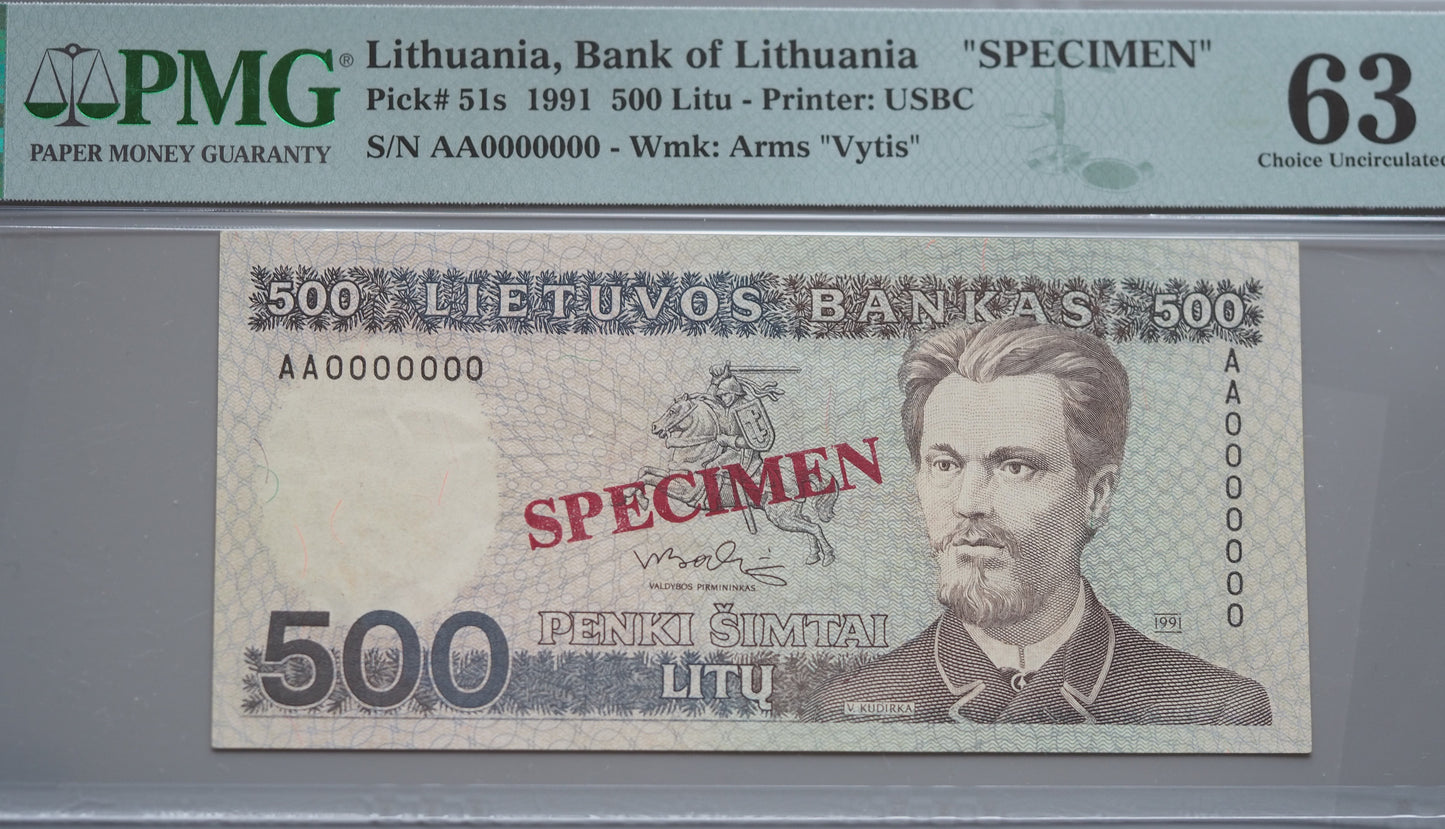 Lithuania 500 Litu 1991 SPECIMEN banknote – PMG 63 Choice UNC