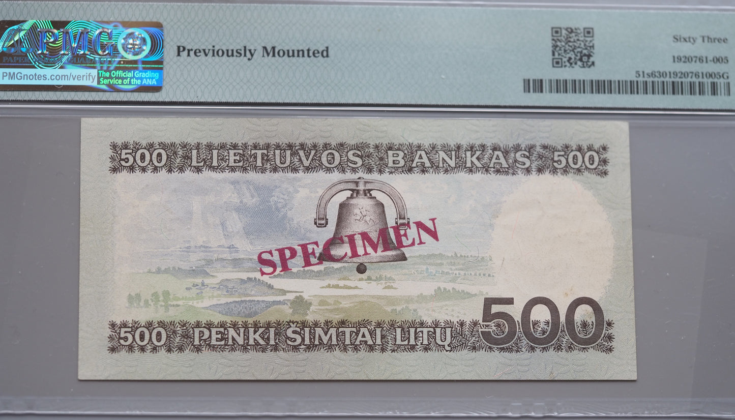 Lithuania 500 Litu 1991 SPECIMEN banknote – PMG 63 Choice UNC