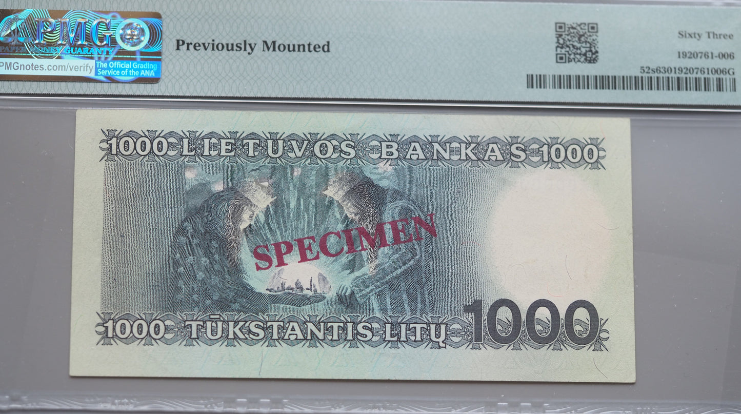 Lithuania 1000 Litu 1991 SPECIMEN banknote – PMG 63 Choice UNC