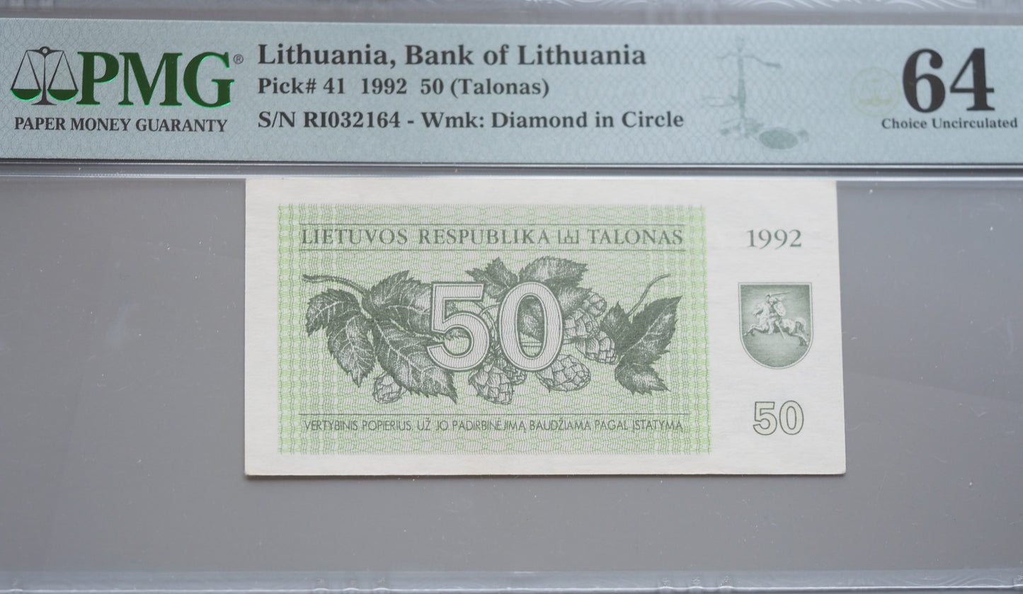 Lithuania 50 Talonas 1992 banknote – PMG 64 Choice UNC