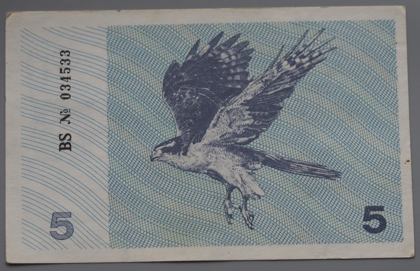 Lithuania 5 Talonas 1991 banknote – flying osprey reverse, UNC