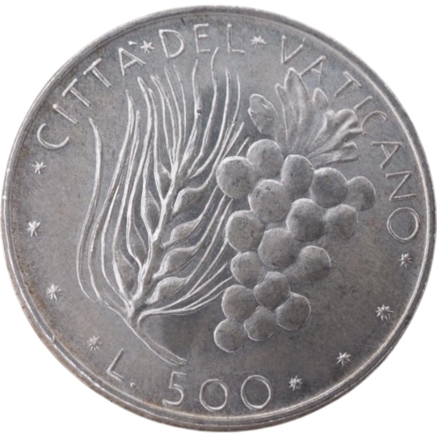 Vatican City 500 Lira Coin, 1974, Pope Paul VI Commemoration, Silver.