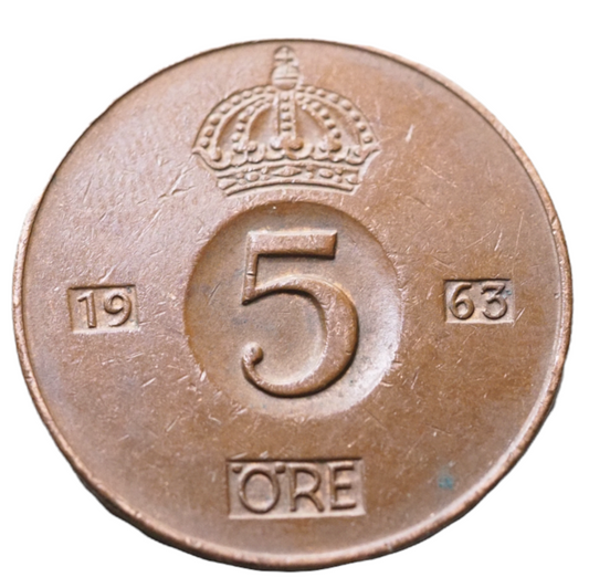 1963 Sweden,  Swedish 5 Ore Crown Coin