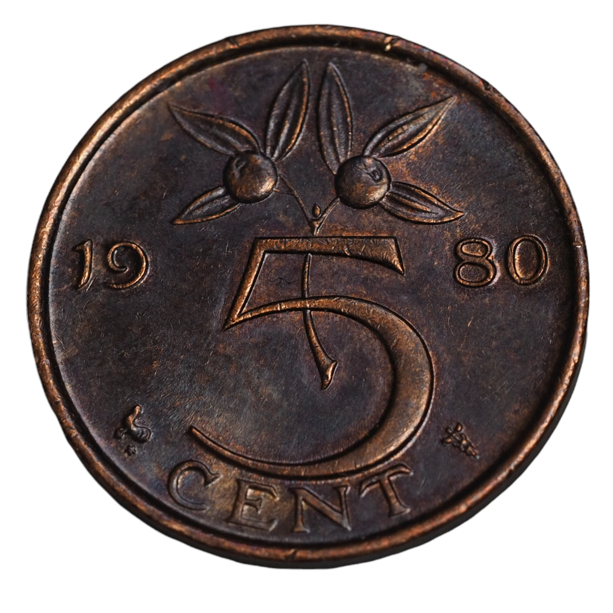 5 Cent 1980,Coin from  Netherlands, Toned Color