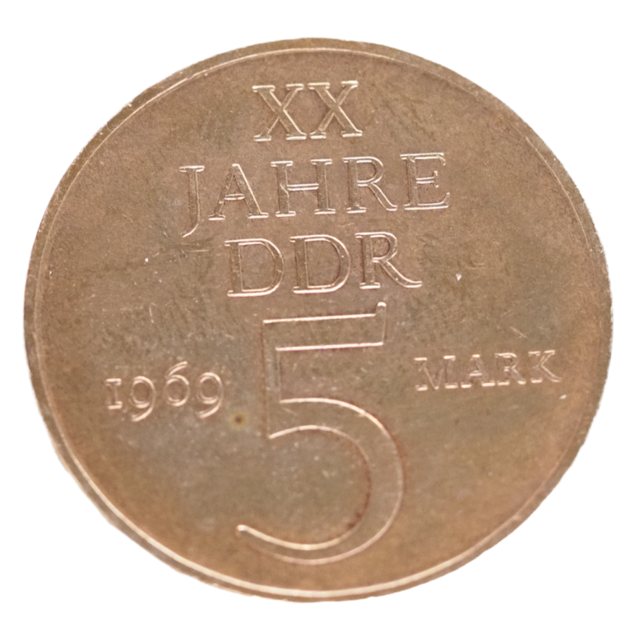 Germany,  DDR 5 Mark, 20 Years DDR 1969 False Embossing  without EDGE LETTERING VERY RARE Coin
