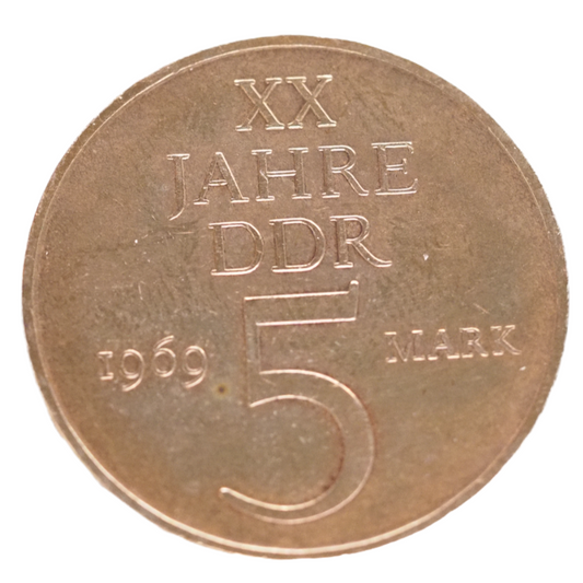 Germany,  DDR 5 Mark, 20 Years DDR 1969 False Embossing  without EDGE LETTERING VERY RARE Coin