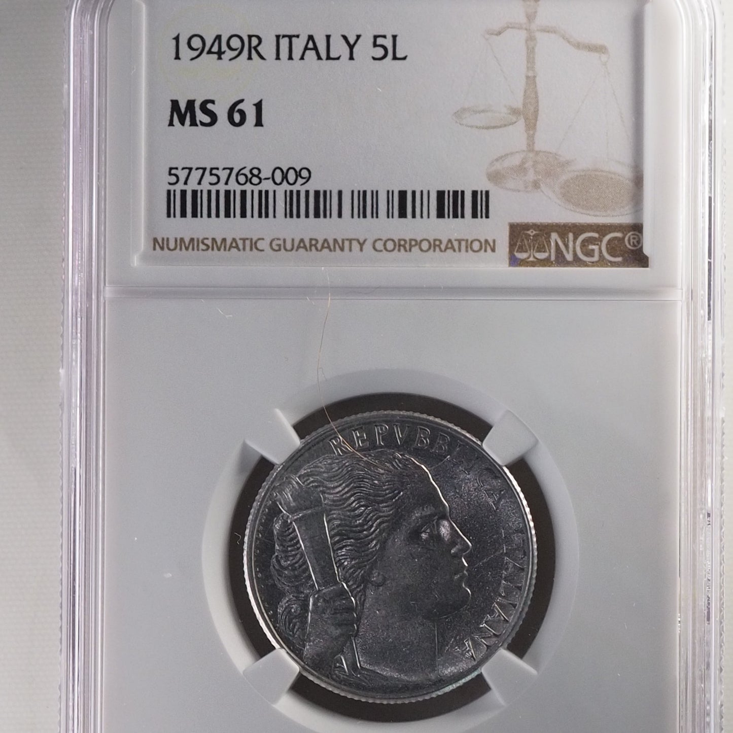 1949R ITALY 5L MS 61 (Certification: 5775768-0090NGC) Coin