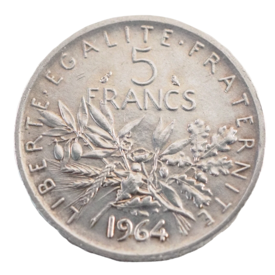 France, 5 Francs  * LIBERTE EGALITE FRATERNITE*  1964 Silver Coin  N # 926