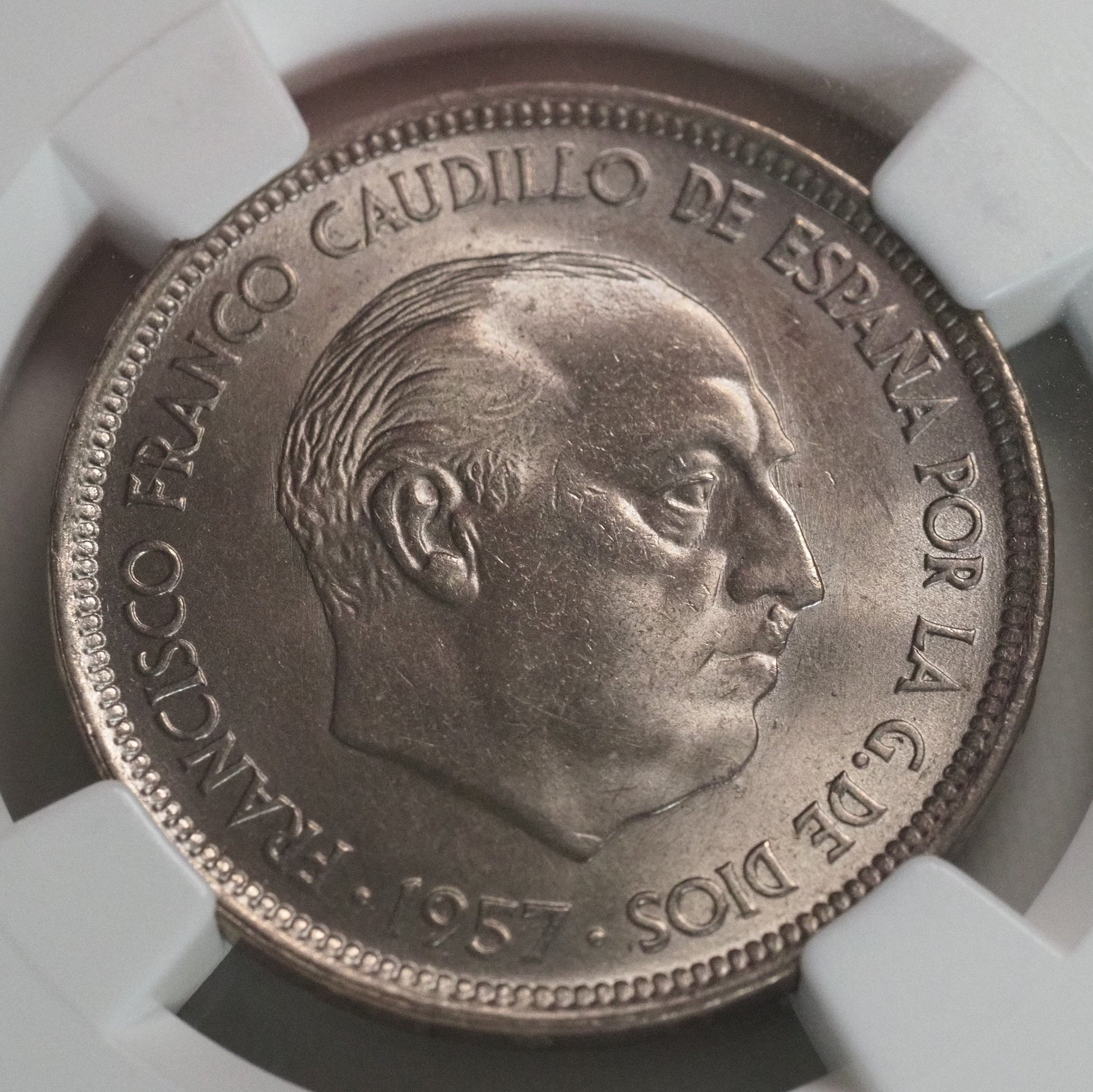 1957(58) Spain 50P  'UNA GRANDE LIBRE" ON EDGE MS 66  NGC  Coin