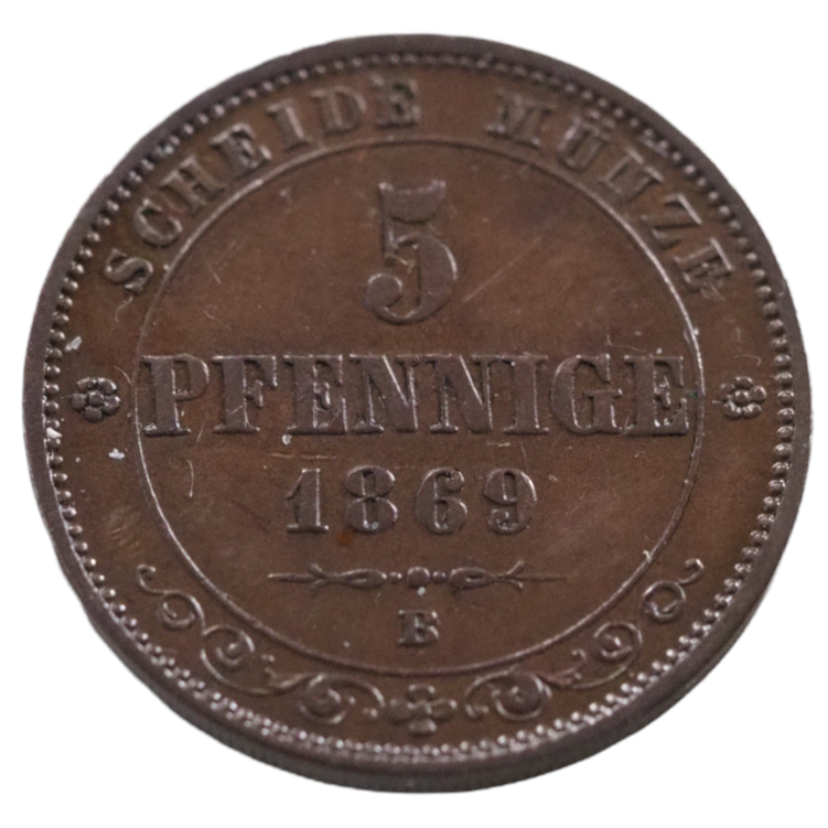 1869B Kingdom of Saxony 5 Pfennig Copper Coin