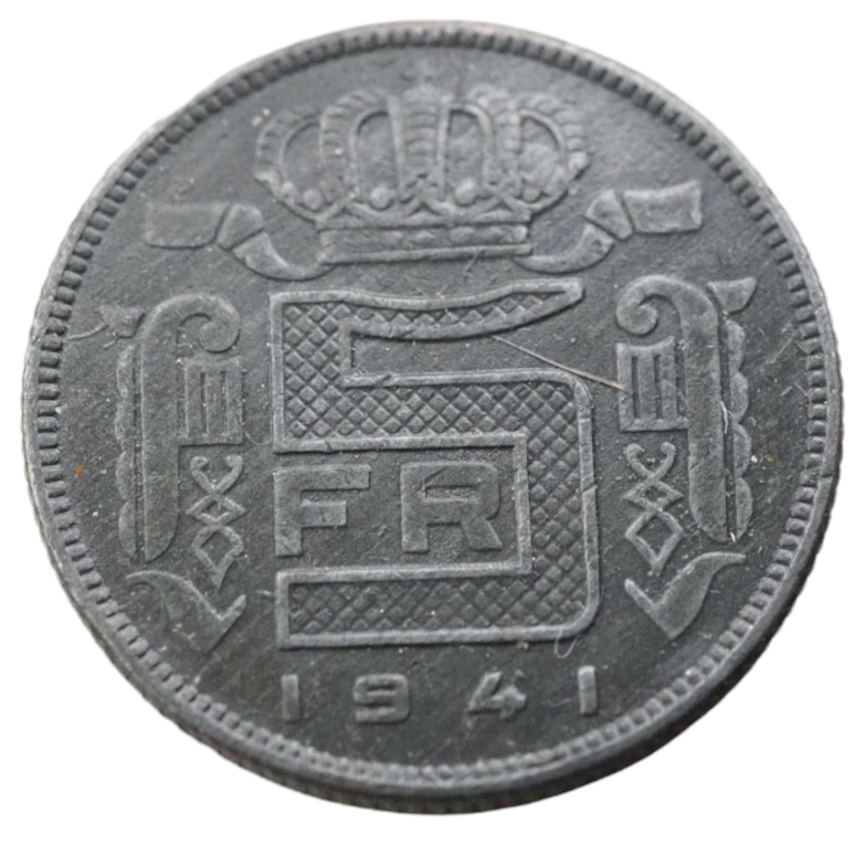 1941, Belgium 5 Francs- World War,  UNC Coin