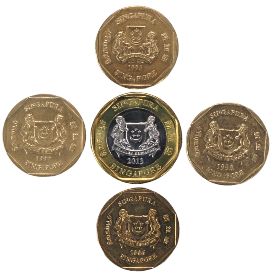 Singapore $1  One Dollar Coins : 1990, 1995, 1997, 2006, 2013  ( MS 63- 65)